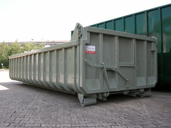 Offener Abroll-Container, Inhalt ca. 13 m³, pendel- und abklappbare Entleerungsklappe mit eingebautem Dosierschieber