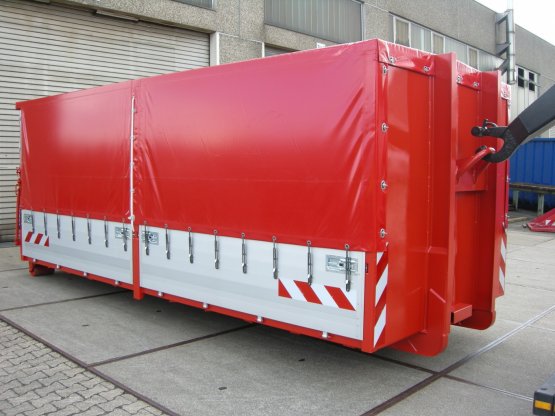 Feuerwehr-Abroll-Containeraufbau mit Alu-Bordwänden, Plan- und Spriegelaufbau,, überfahrbare Heckklappe