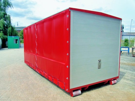 Feuerwehr-Abroll-Container mit Seitenplanen und heckseitiger Aluminiumklappe