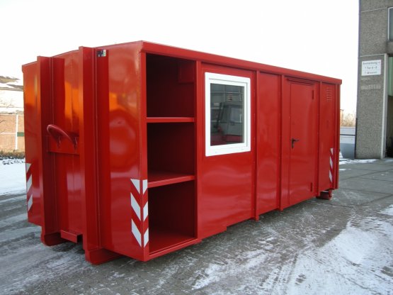 Feuerwehr Magazin-Abrollcontainer mit Seitentür, seitlichen Fenstern und seitlichen Einbaukästen, Inhalt ca. 28 m³